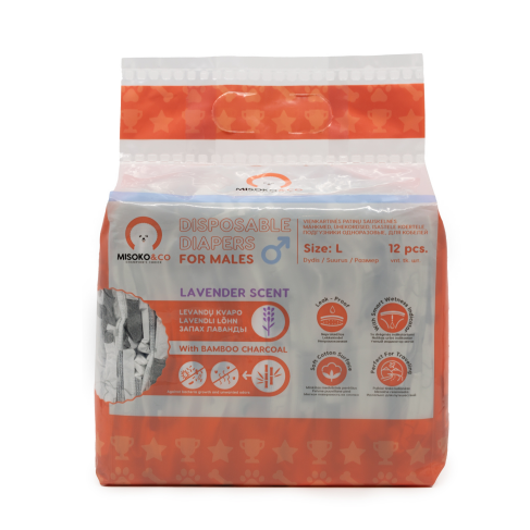 Misoko&amp;Co Одноразові підгузки для кобелів з вугіллям, індикатором вологості та ароматом лаванди (цуценята), L - фото 2