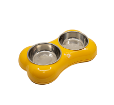 Миска для тварин KIKA BONE SHAPE, подвійна, жовта, розмір M