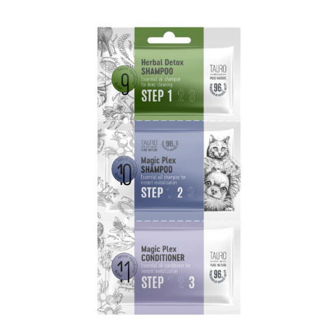 Tauro Pro Line Pure Nature Herbal Detox + Magic-Plex sample set 1 x 6 ml, 1 x 8 ml, 1 x 4 ml, dog and cat coat hampoo and conditioner sample set - фото 1 Tauro Pro Line Pure Nature Herbal Detox + Magic-Plex sample set 1 x 6 ml, 1 x 8 ml, 1 x 4 ml, dog and cat coat hampoo and conditioner sample set - фото 1
