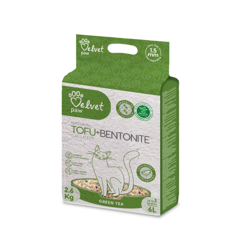 VELVET PAW TOFU наполнитель для кошачьих туалетов с бентонитом и экстрактом зеленого чая, гранулы 1,5 мм, 2,6 кг/6 л. - фото 1