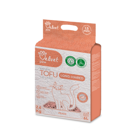 VELVET PAW TOFU Наполнитель для длинношерстных кошек, с персиковой эссенцией, гранулы 1.5 мм, 6 л/2.6 кг - фото 1