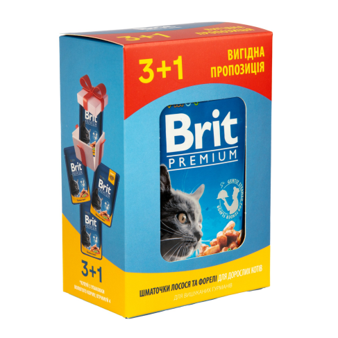 Набір паучів &quot;3+1&quot; для котів Brit Premium Cat pouch з лососем і фореллю,  4 х 100г - фото 1