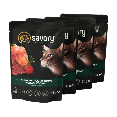 Набор влажных кормов Savory &quot;3+1&quot; для взрослых кошек, ягненок со свеклой в соусе, паучи, 4 шт 85 г - фото 4