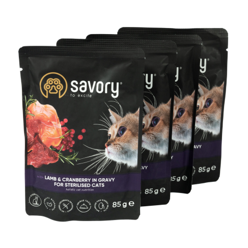 Набор влажных кормов Savory "3+1" для стерилизованных кошек, ягненок с клюквой в соусе, паучи, 4 шт 85 г - фото 4 Набор влажных кормов Savory "3+1" для стерилизованных кошек, ягненок с клюквой в соусе, паучи, 4 шт 85 г - фото 4