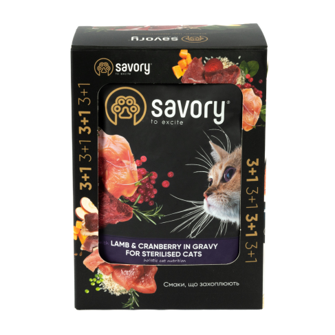 Набор влажных кормов Savory "3+1" для стерилизованных кошек, ягненок с клюквой в соусе, паучи, 4 шт 85 г - фото 3 Набор влажных кормов Savory "3+1" для стерилизованных кошек, ягненок с клюквой в соусе, паучи, 4 шт 85 г - фото 3