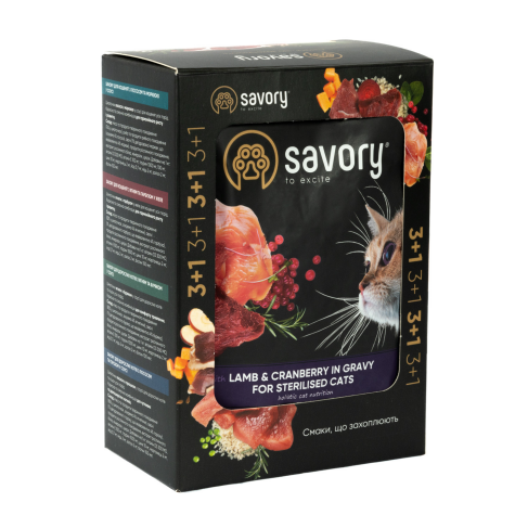 Набор влажных кормов Savory "3+1" для стерилизованных кошек, ягненок с клюквой в соусе, паучи, 4 шт 85 г - фото 2 Набор влажных кормов Savory "3+1" для стерилизованных кошек, ягненок с клюквой в соусе, паучи, 4 шт 85 г - фото 2