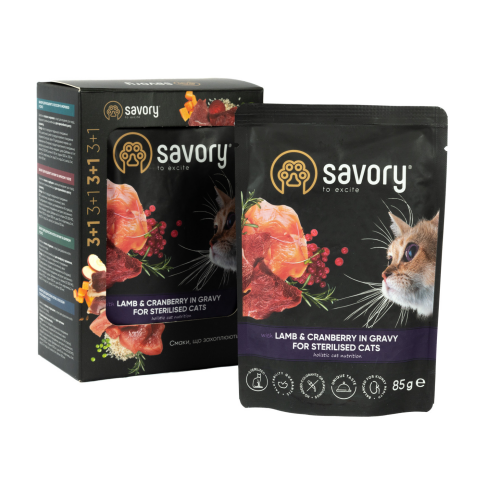 Набор влажных кормов Savory "3+1" для стерилизованных кошек, ягненок с клюквой в соусе, паучи, 4 шт 85 г - фото 1 Набор влажных кормов Savory "3+1" для стерилизованных кошек, ягненок с клюквой в соусе, паучи, 4 шт 85 г - фото 1