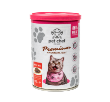 Корм влажный для взрослых котов Pet Chef, кусочки в желе Мясной микс 415 г Корм влажный для взрослых котов Pet Chef, кусочки в желе Мясной микс 415 г