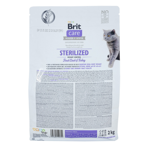Сухой корм Brit Care Cat GF Sterilized Weight Control для стерилизованных кошек с избыточным весом, утка и индейка, 2 кг - фото 3