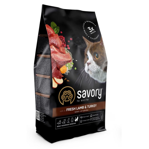 Сухой корм Savory для кошек с чувствительным пищеварением, со свежим ягненком и индейкой, 400 г - фото 1