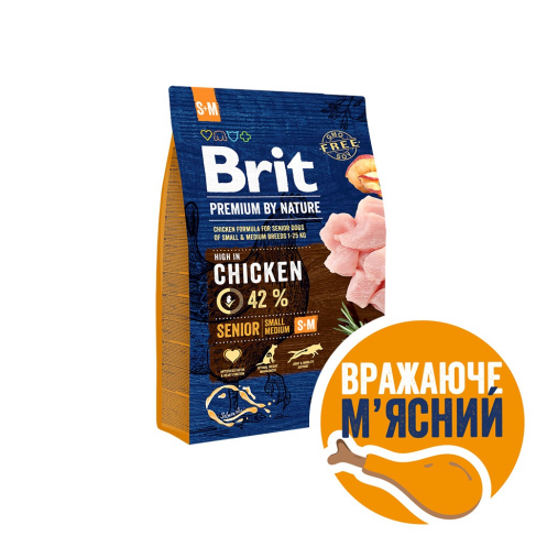 Сухой корм Brit Premium Dog Senior S+M для стареющих собак малых и средних пород, с курицей, 3 кг - фото 1
