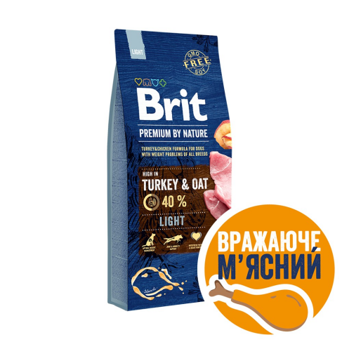 Сухой корм Brit Premium Dog Light для собак с лишним весом, с индейкой, 15 кг - фото 1