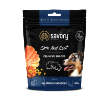 Хрустящие лакомства Savory для здоровья кожи и шерсти собак, лосось с бархатцами, 200 г Хрустящие лакомства Savory для здоровья кожи и шерсти собак, лосось с бархатцами, 200 г