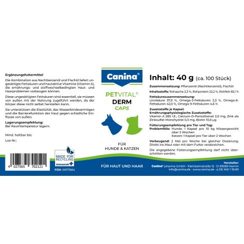 Витамины Canina PetVital Dеrm-Caps для собак и кошек, для проблемной шерсти, 40 г (100 табл) - фото 3