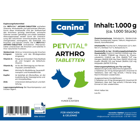 Вітаміни Canina Petvital Arthro-Tabl. для собак та котів, для проблемних суглобів, 1000 г (1000 табл) - фото 2