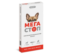 Капли на холку ProVET «Мега Стоп» для собак от 4 до 10 кг, 4 пипетки (от внешних и внутренних паразитов) Капли на холку ProVET «Мега Стоп» для собак от 4 до 10 кг, 4 пипетки (от внешних и внутренних паразитов)