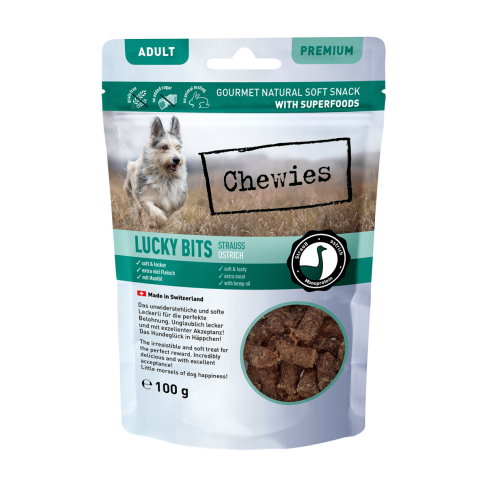 Натуральные лакомства из мяса Страуса Chewies Lucky Bits для взрослых и пожилых собак 100 г - фото 1